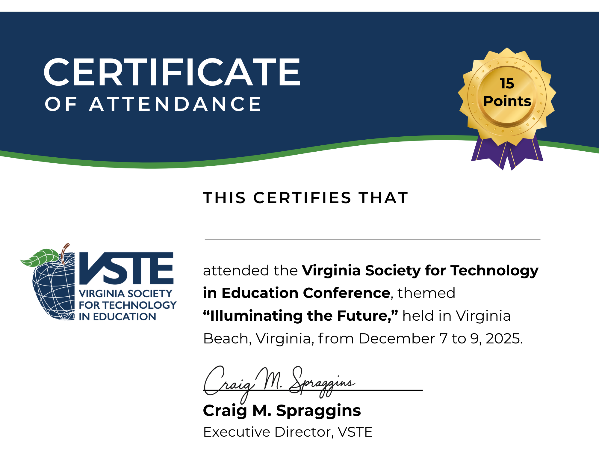 Attendance Certificate of attendance for the 2025 VSTE Annual Conference.